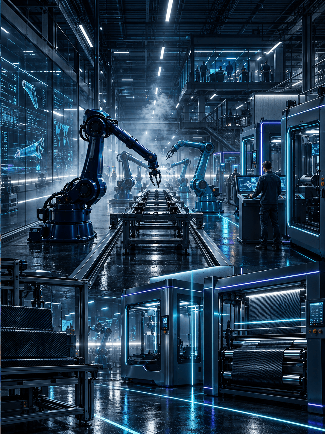 An automated manufacturing facility at night with precision robotics