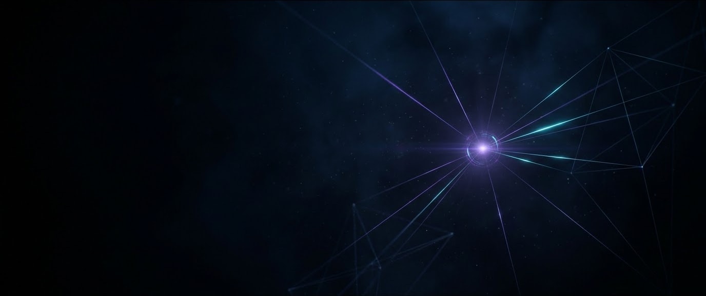 An intelligence constellation — a central glowing node connected by fine violet and cyan lines