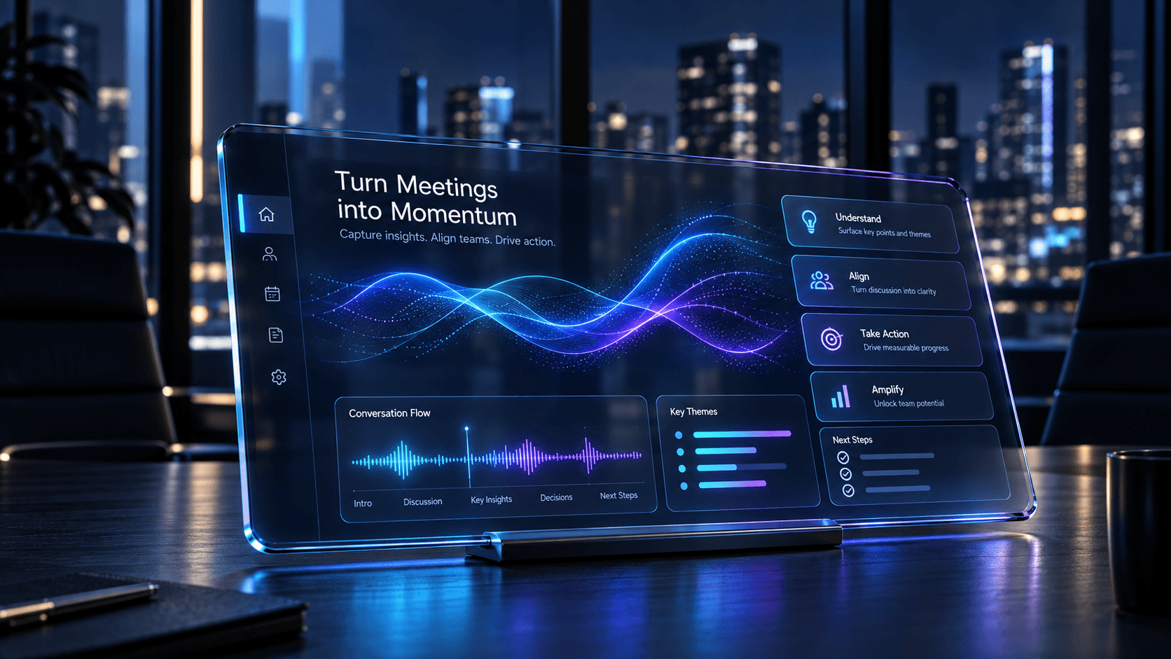 Dark-mode meeting intelligence interface with waveform and transcript panels