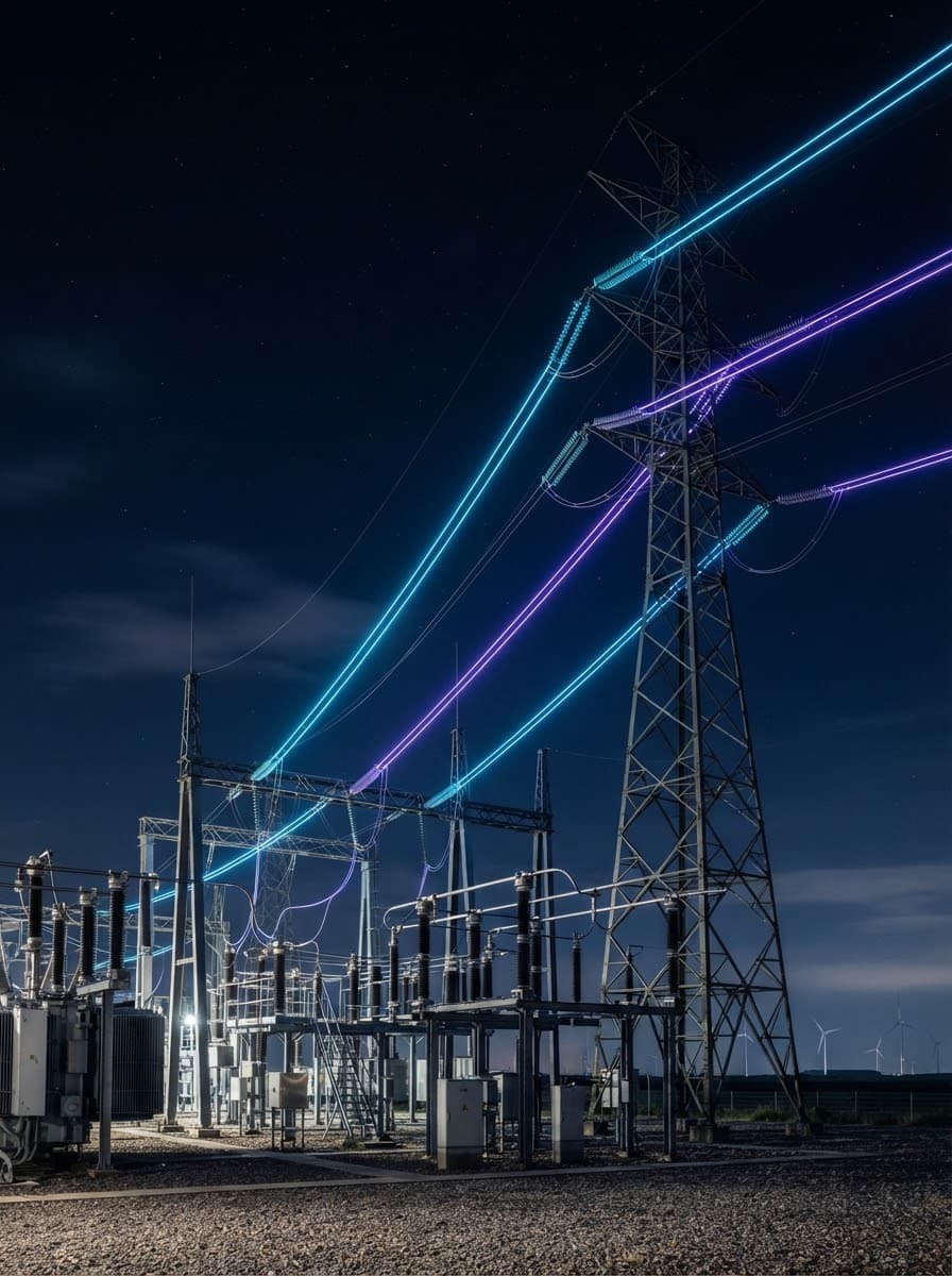 An electrical substation at night with transmission lines and wind turbines beyond