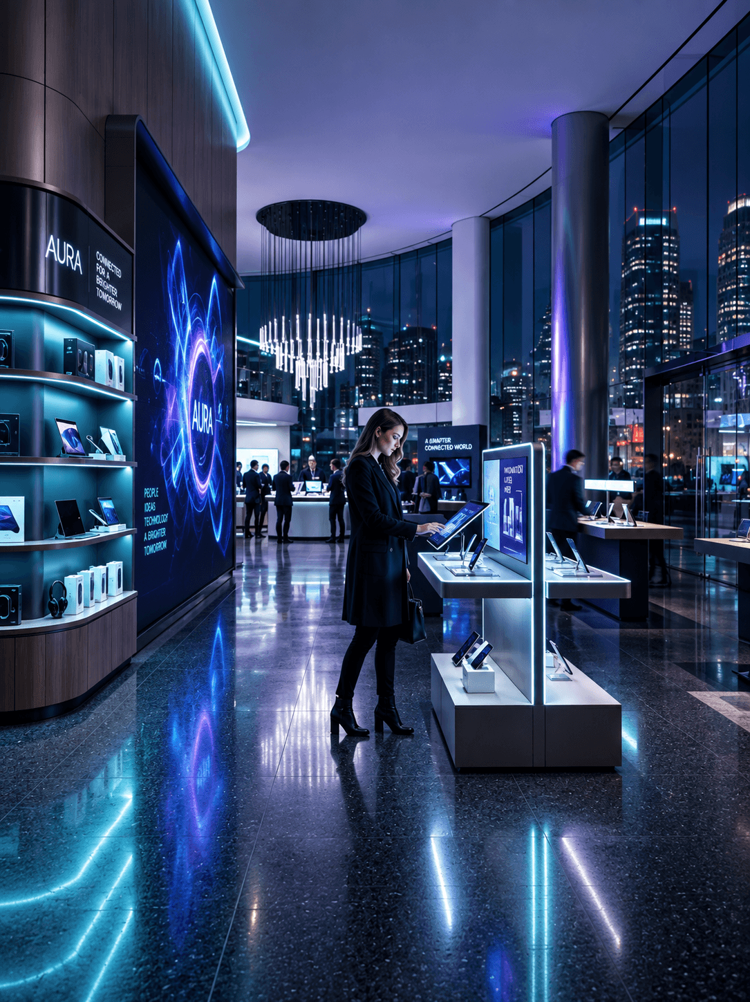 A connected retail flagship at night with ambient display fixtures